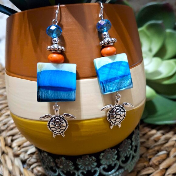 Artisan Hand Crafted Earrings, Turtles Silver Aqua Blue Orange Shell, Pierced - Picture 8 of 12